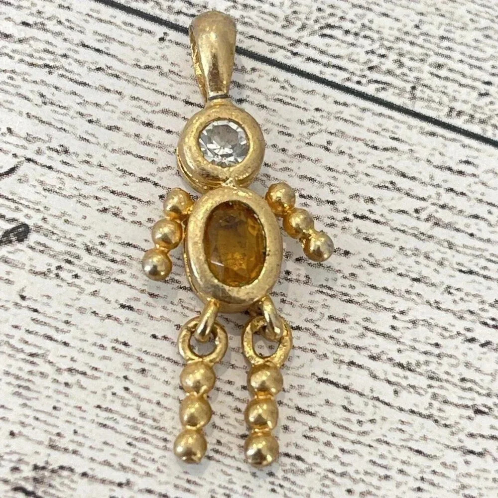 Vintage VTG Gold Tone Boy Birthstone Pendant Citrine November Stone Rhinestone